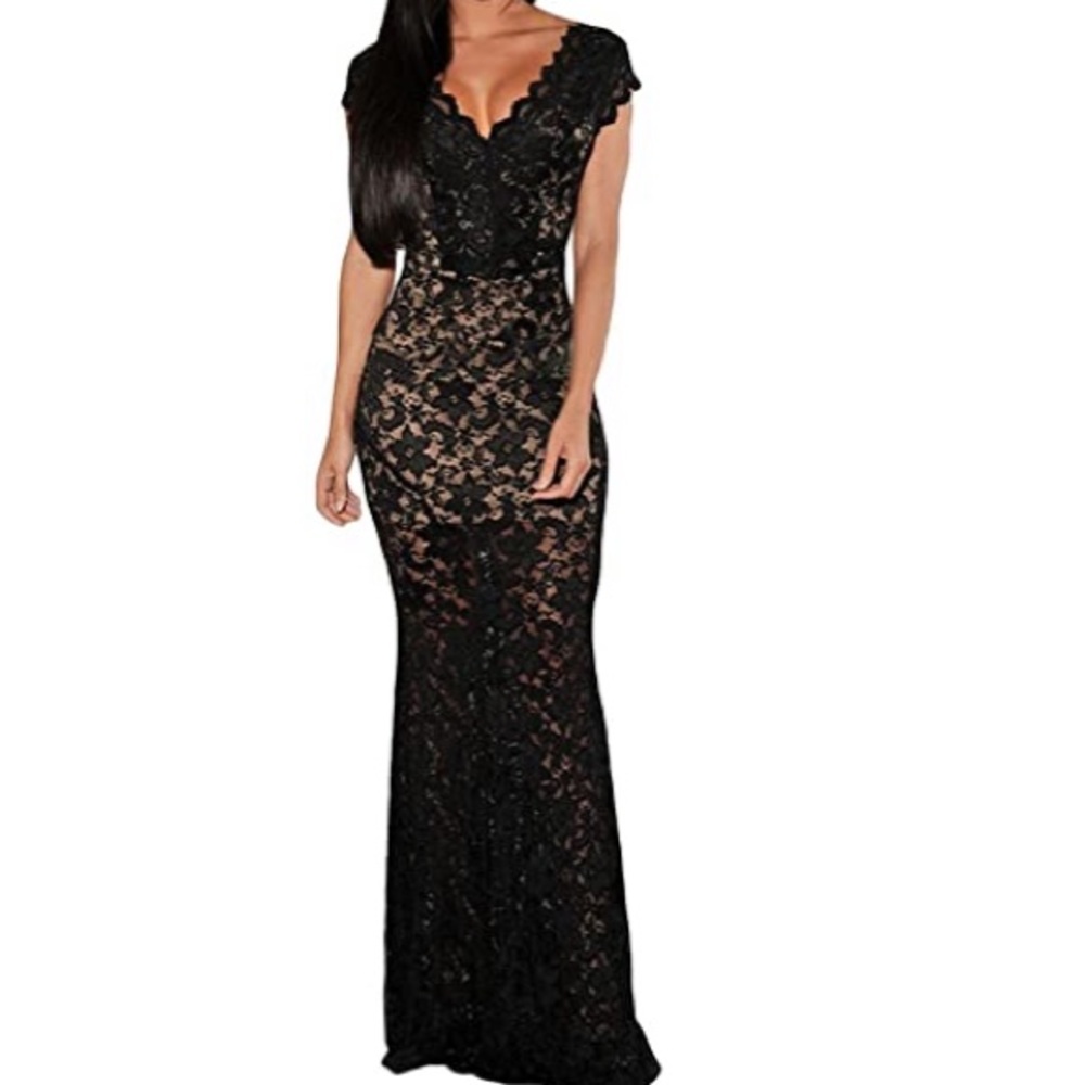 Women Sheer Lace Long Dress One Size Black